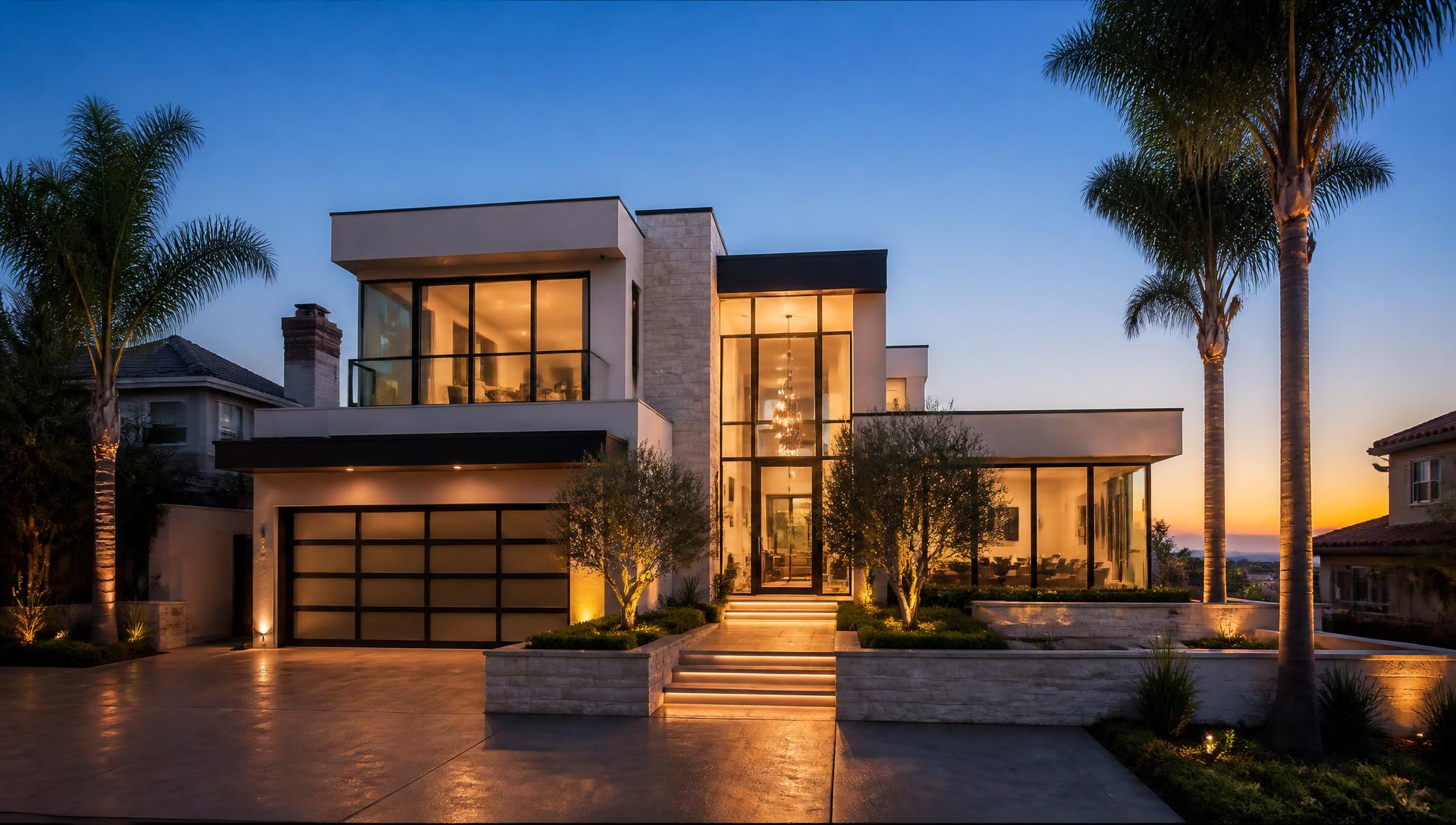 Modern luxury coastal home at dusk
