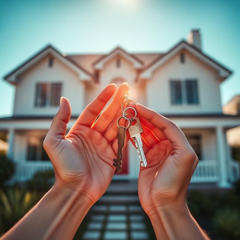 New homeowner holding keys in front of their home