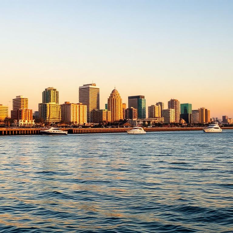 Long Beach waterfront skyline at sunset