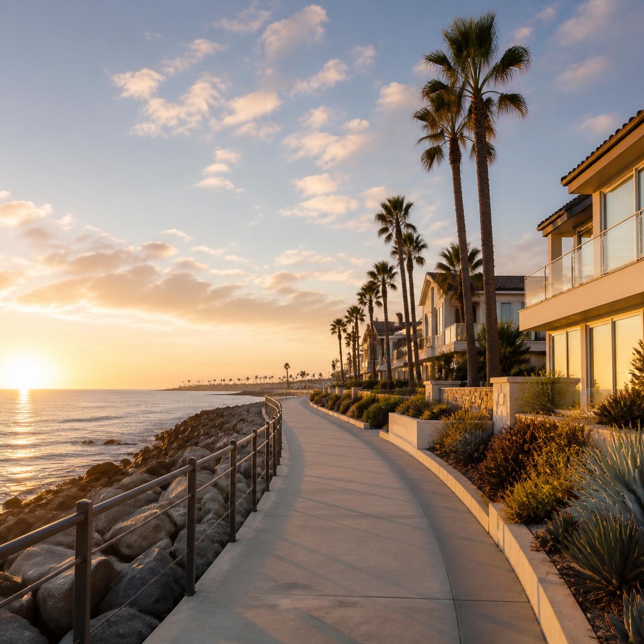 Palm-lined coastal boardwalk beside luxury California homes